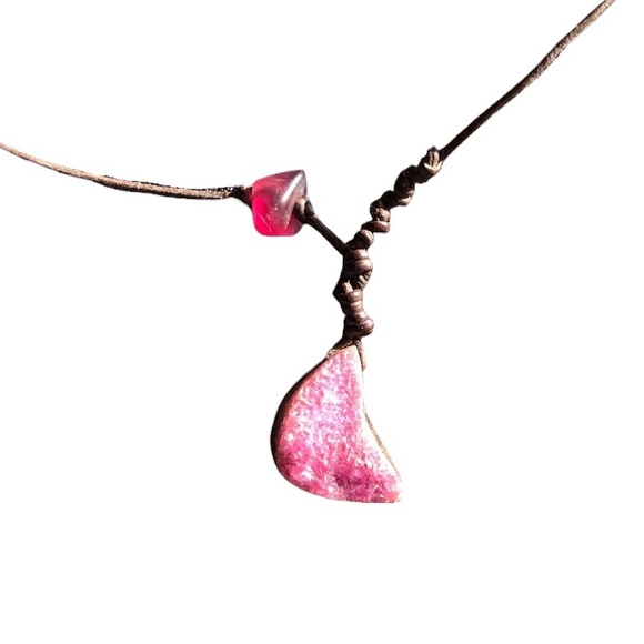 Pink Druzy Natural Raw Ruby and Rhodochrosite Leather Necklace - Picture 2 of 15